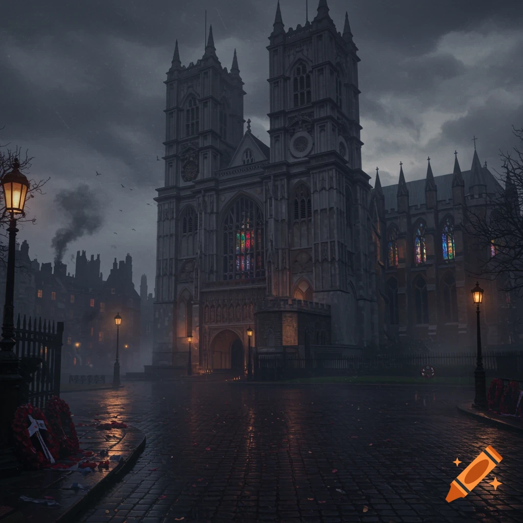 A dark, atmospheric view of Westminster Abbey at night, with glowing streetlights and wreaths on wet cobblestones under a stormy sky.