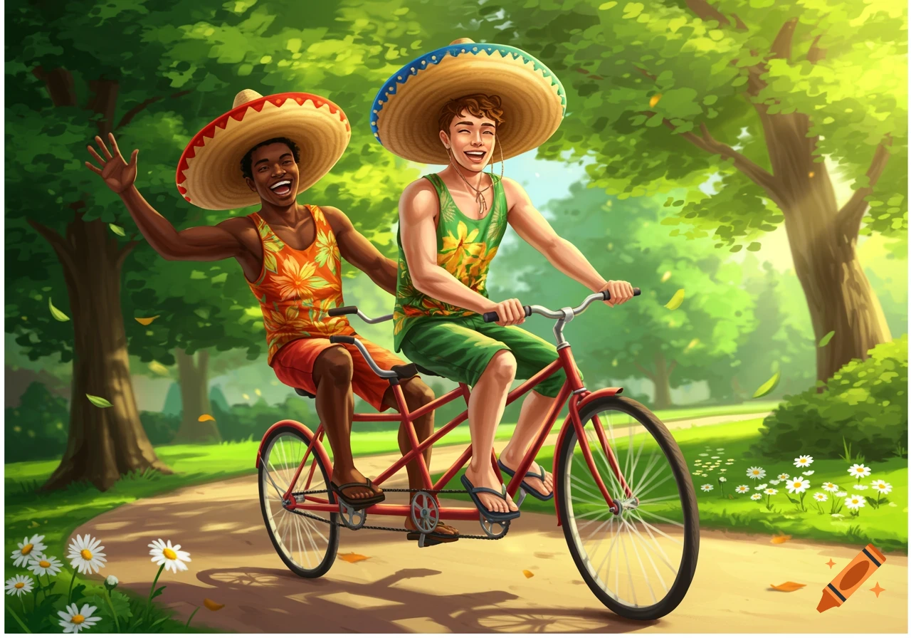 Two smiling men in sombreros ride a red tandem bicycle through a sunny park in a vibrant illustration.
