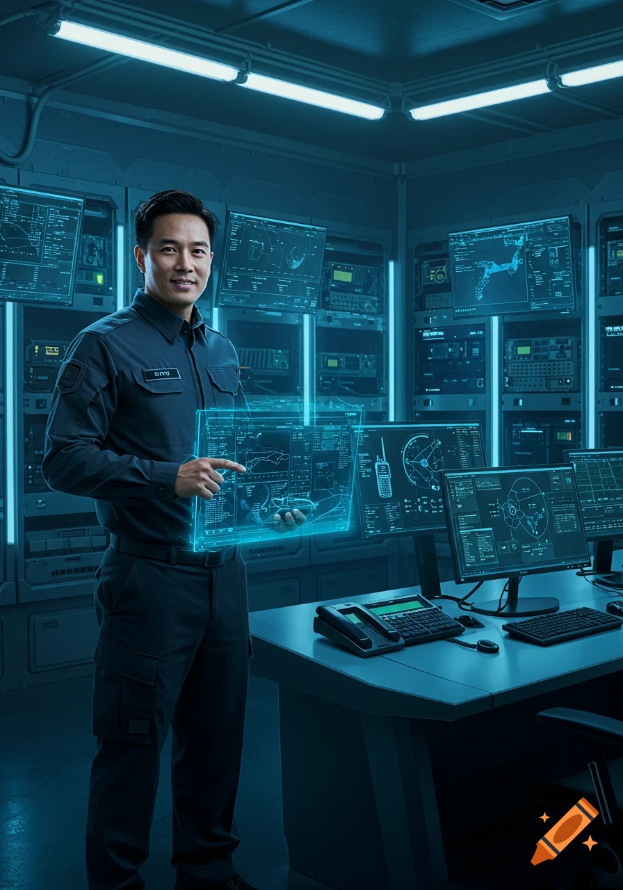 Photorealistic image of a man in a uniform in a futuristic control room, pointing at a glowing holographic display with data.