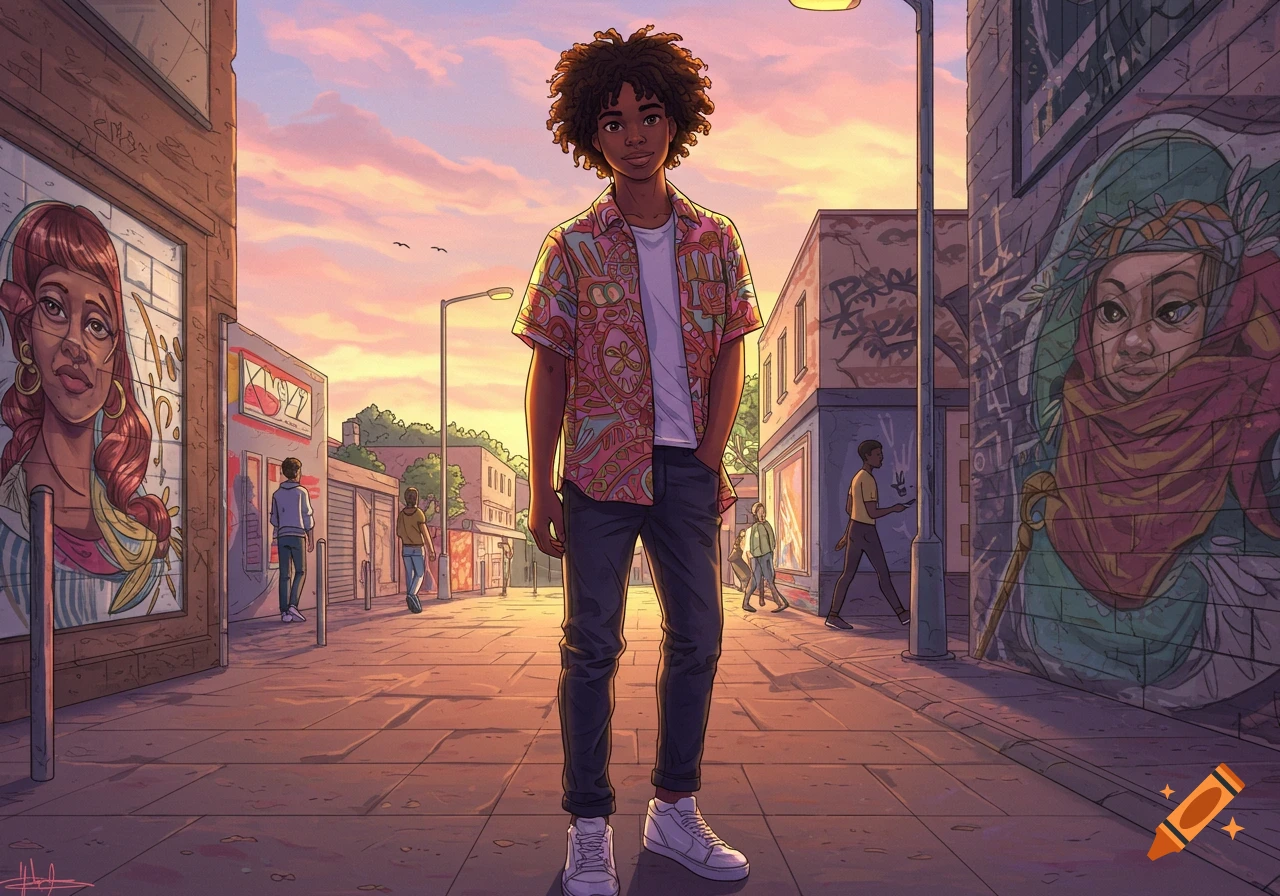 An illustrated young Black man with curly hair stands centrally in an urban street at sunset, flanked by colorful murals.