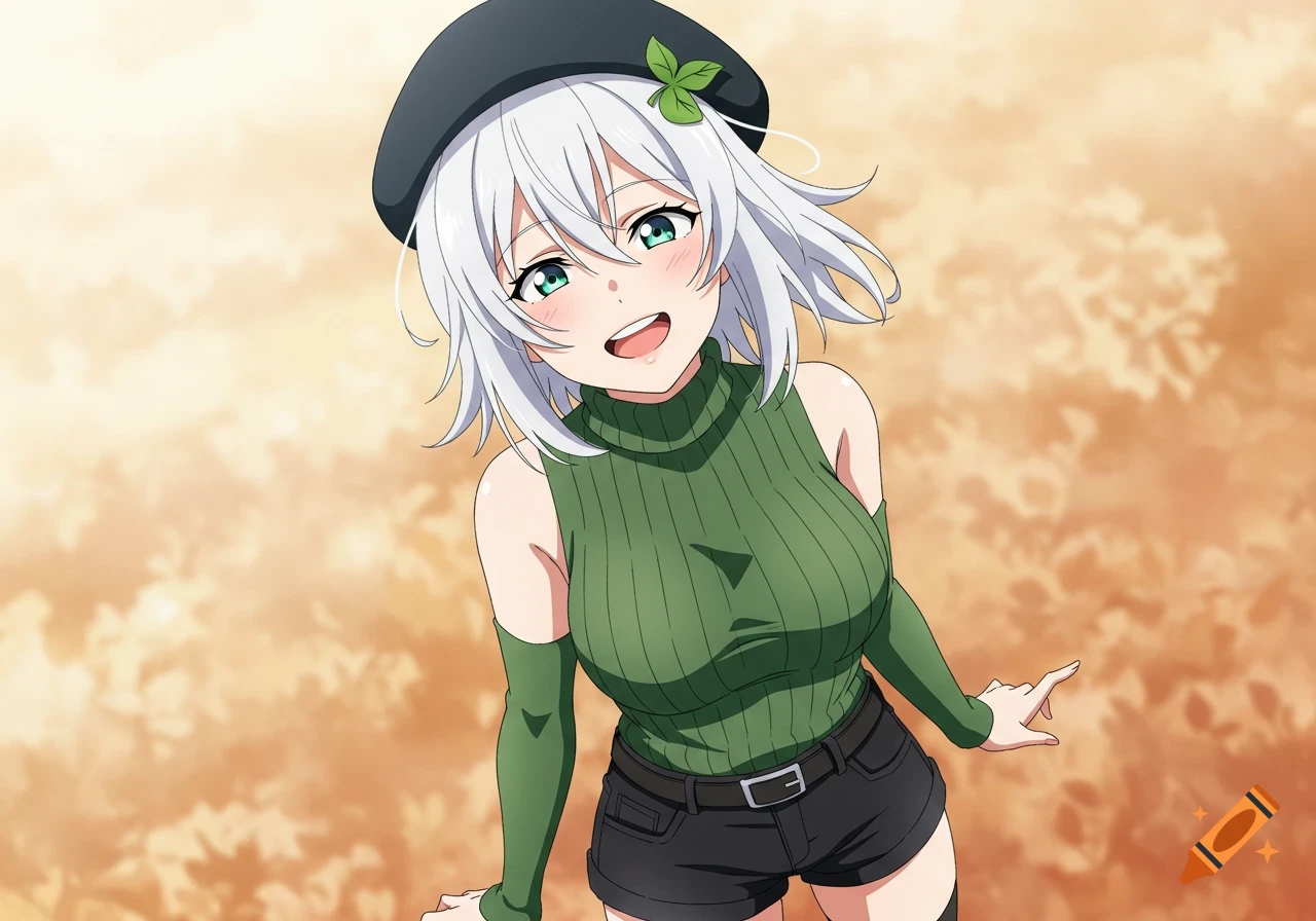 Anime girl with white hair, green eyes, wearing a dark beret with a leaf, a green sleeveless turtleneck, and black shorts, smiling.