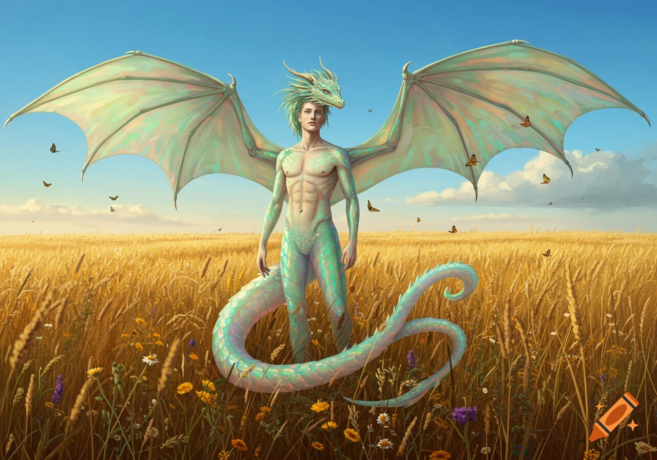 A male figure with a dragon body, wings, and headwear stands in a golden wheat field under a blue sky.