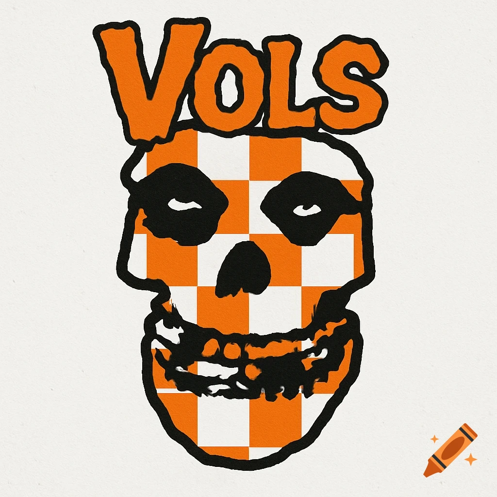 A stylized logo featuring an orange and white checkerboard skull with the word "VOLS" in orange and black above it.
