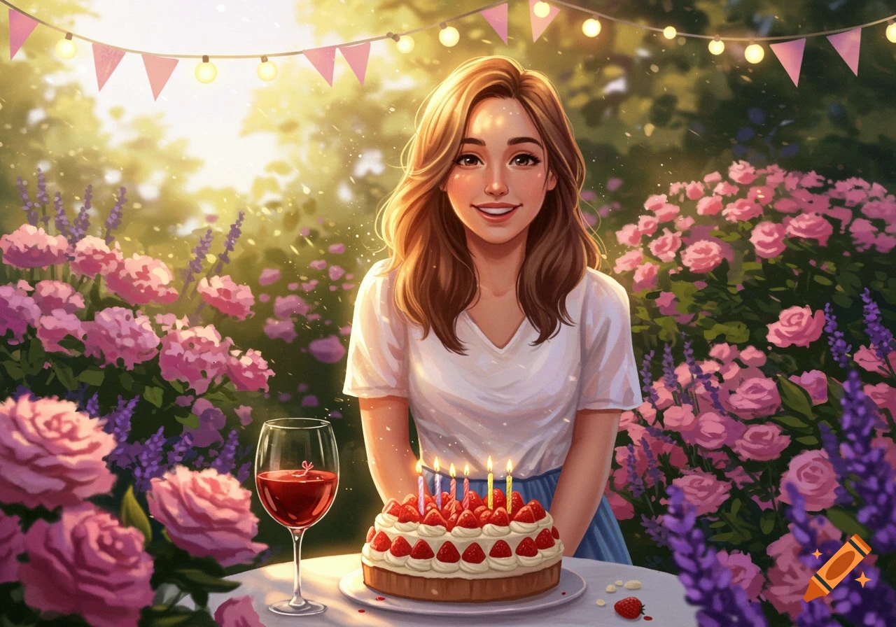 A smiling woman in a garden with a birthday cake and wine, surrounded by pink roses and lavender in an illustration style.