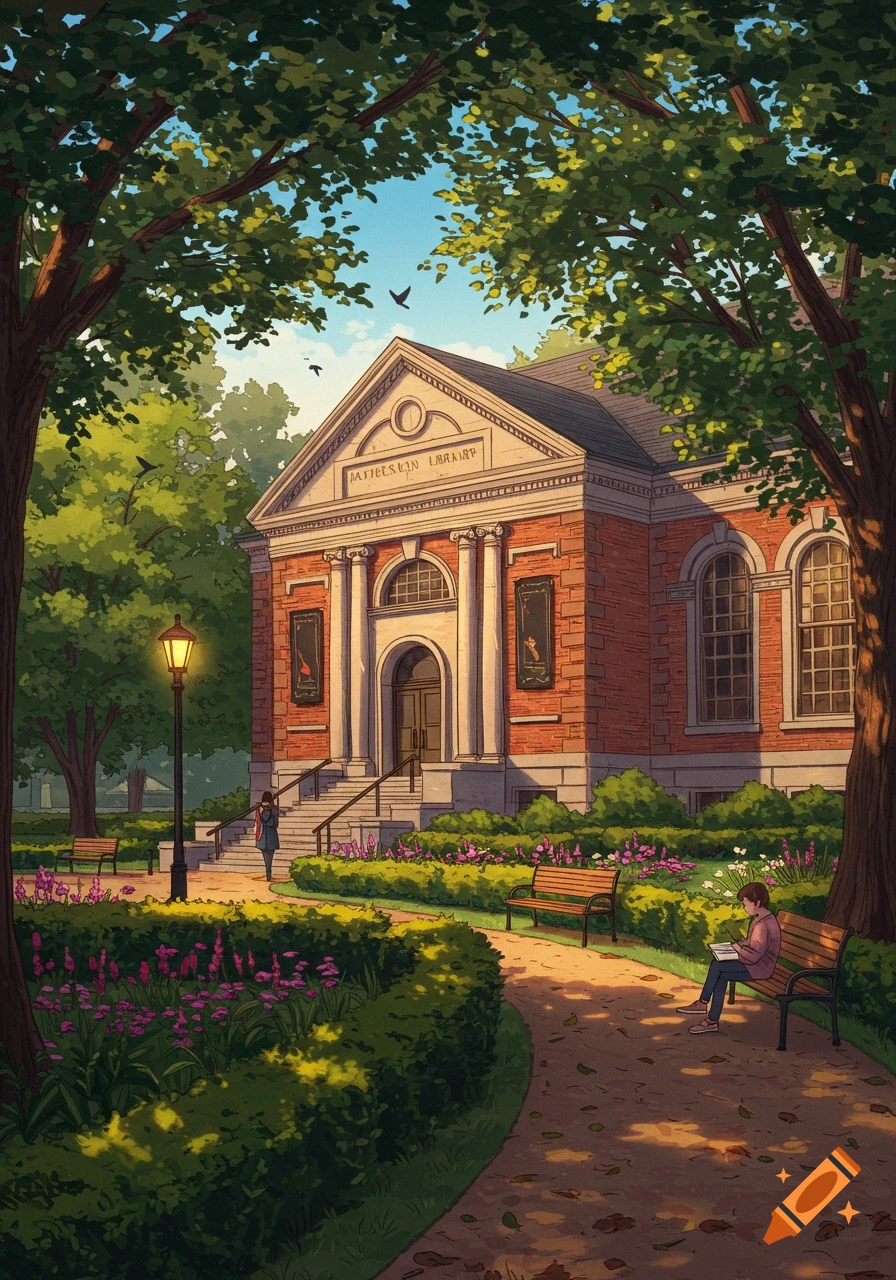 An illustration of a brick library building in a lush green park with trees, flowers, and people reading on benches.