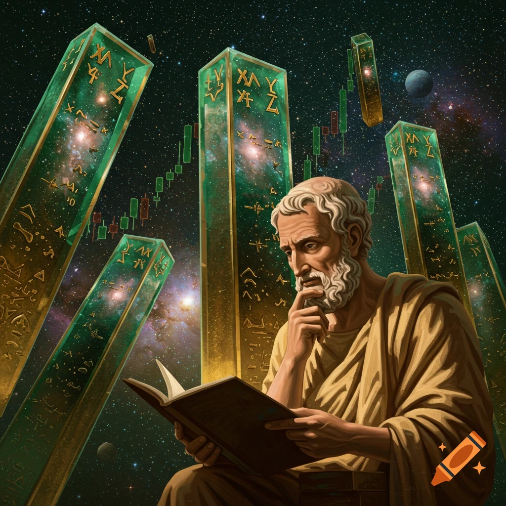 An ancient philosopher reads a book under a starry sky with glowing green pillars and stock charts.