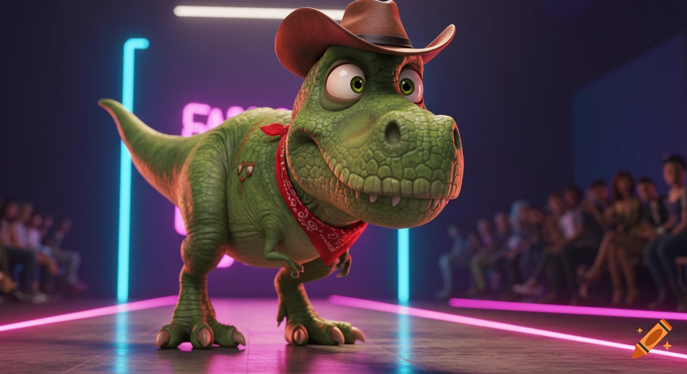 A 3D animated green T-Rex wearing a cowboy hat and red bandana stands on a neon-lit fashion runway, looking surprised.