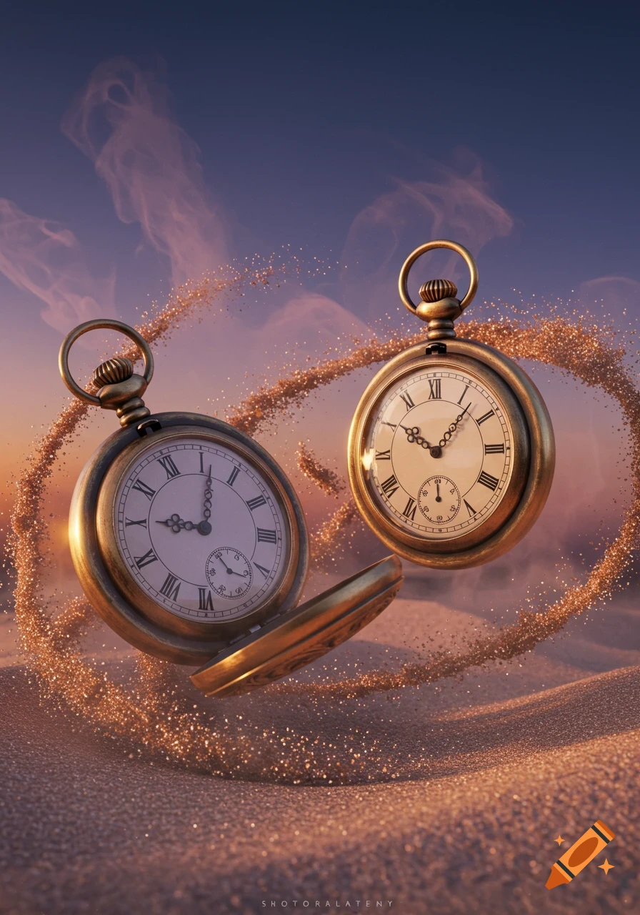 Two antique gold pocket watches float above swirling sand against a sunset sky.