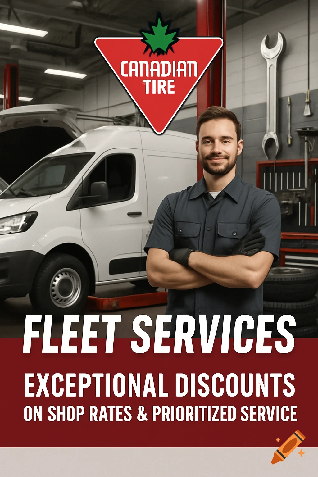 A man in a mechanic's uniform stands in an auto shop with a white van under a Canadian Tire logo, advertising fleet services.
