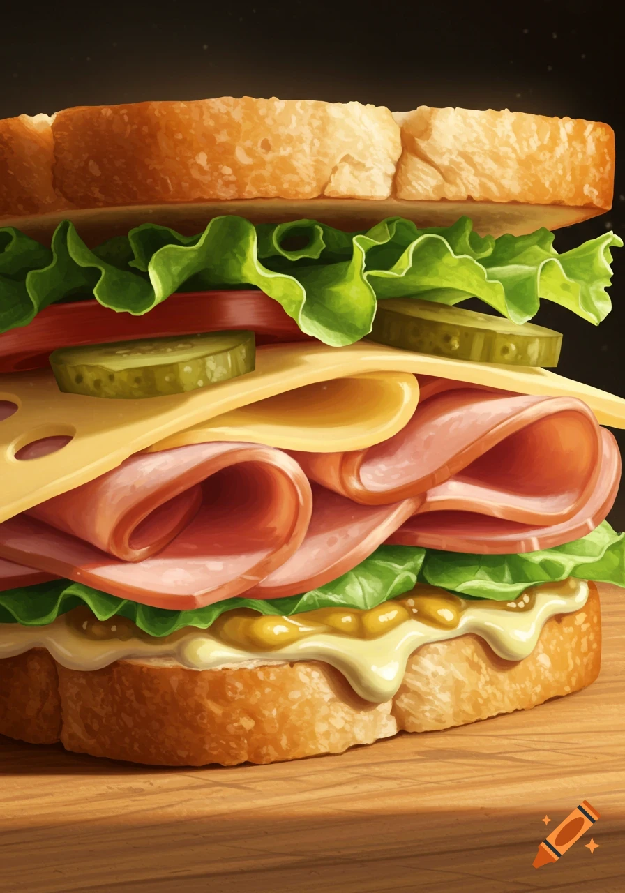 A close-up, vibrant illustration of a ham and cheese sandwich with lettuce, tomato, pickles, and sauces on toasted bread.