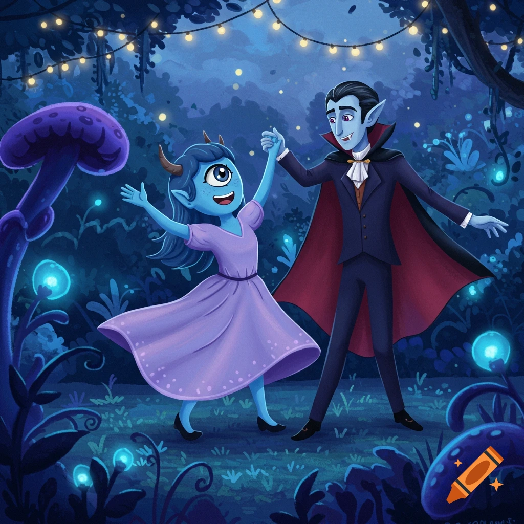 A blue cyclops creature with horns dances with a vampire in a magical, glowing forest with large mushrooms.