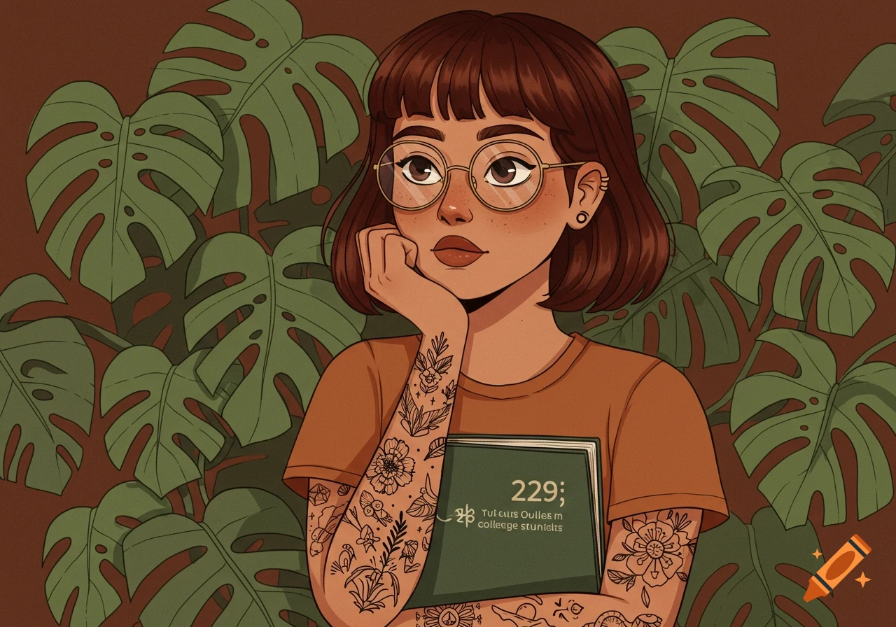 A cartoon illustration of a young woman with brown hair, round glasses, and arm tattoos, holding a book, surrounded by large monstera leaves.