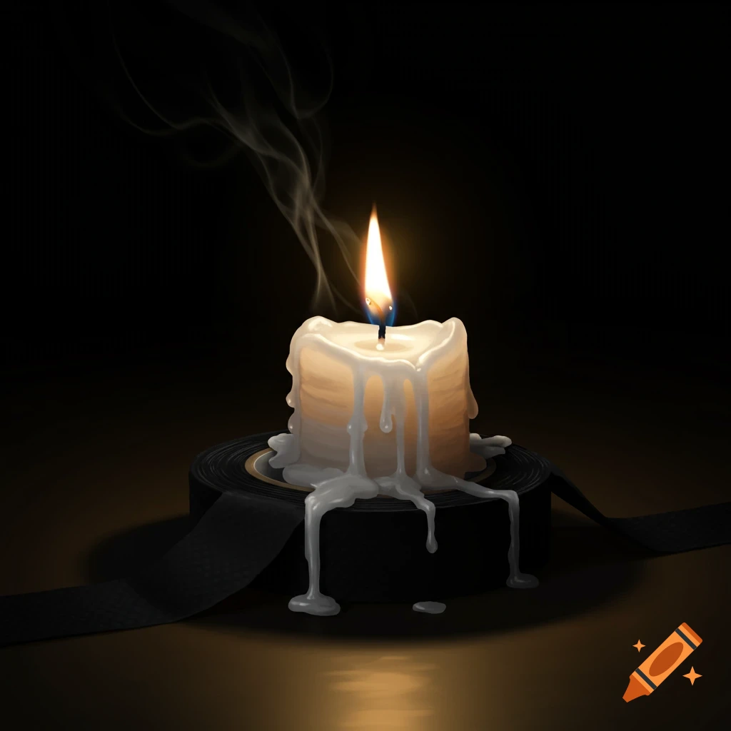 A lit white candle, dripping wax onto a black roll of electrical tape, casts a warm glow against a dark background with wisps of smoke rising.