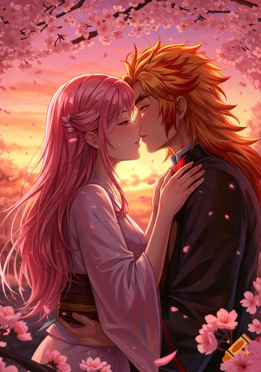 Anime couple with pink and orange hair embracing and about to kiss under cherry blossom trees at sunset, anime style.