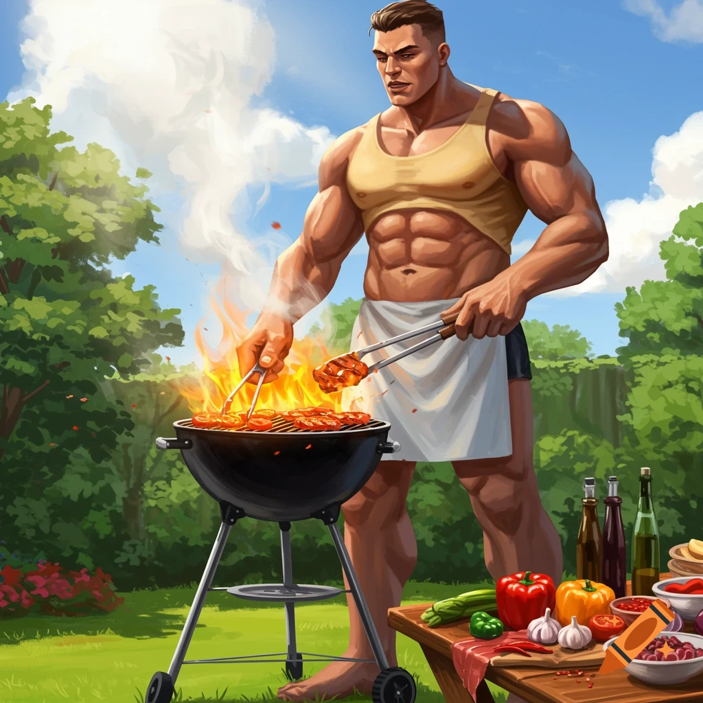 A muscular man in a tank top and apron grills meat outdoors, with a table of fresh vegetables and bottles nearby.