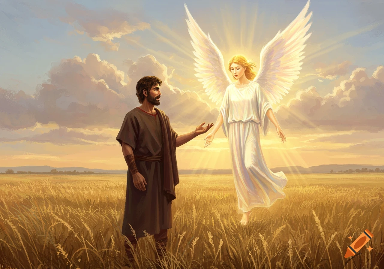 A man in ancient robes gestures towards a glowing angel with large wings in a golden field under a cloudy sunset sky.
