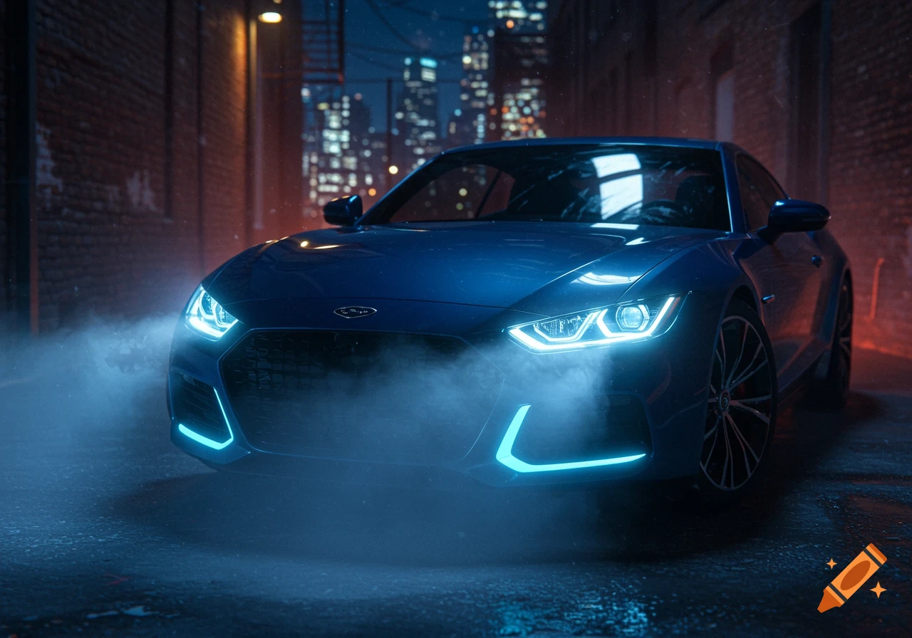 Dark blue futuristic sports car with glowing blue headlights and fog in a dim city alley at night.