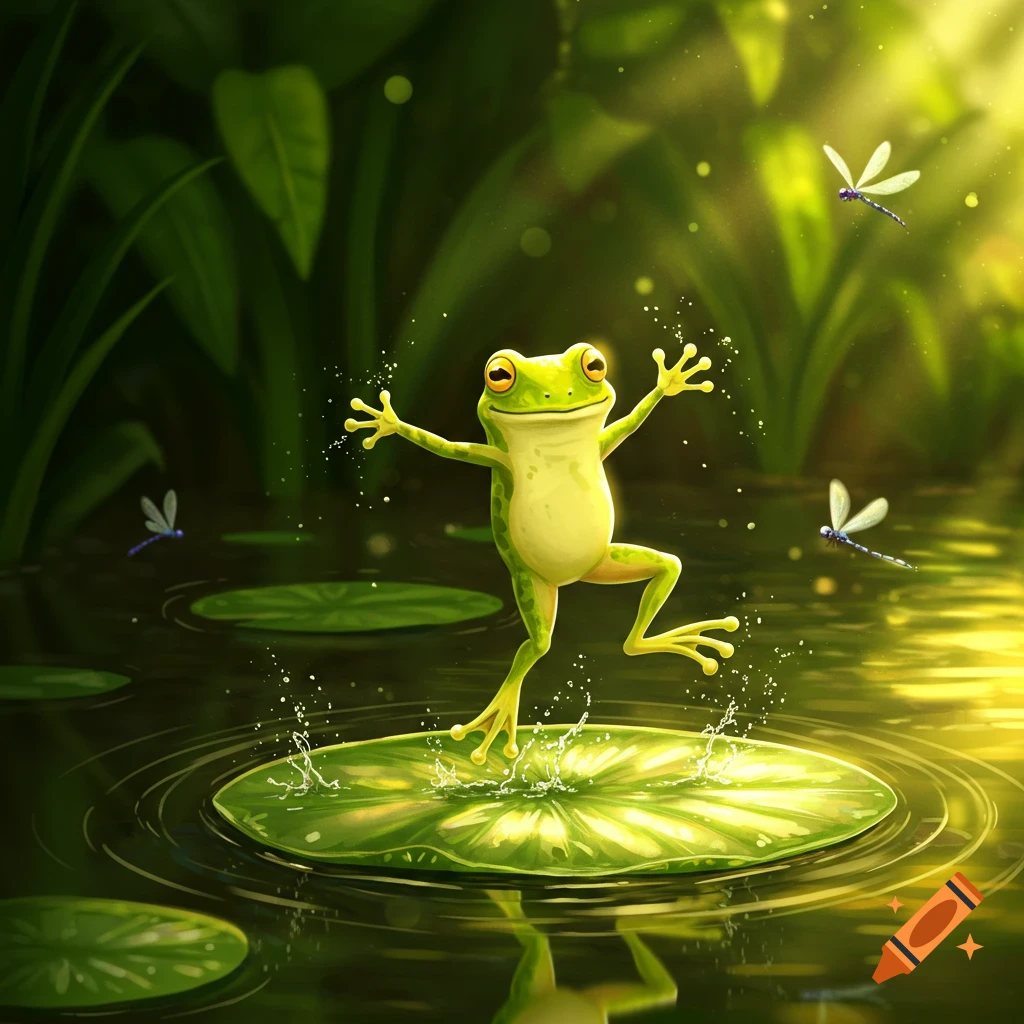 A happy green frog dances on a lily pad in a pond, surrounded by dragonflies and sparkling light.