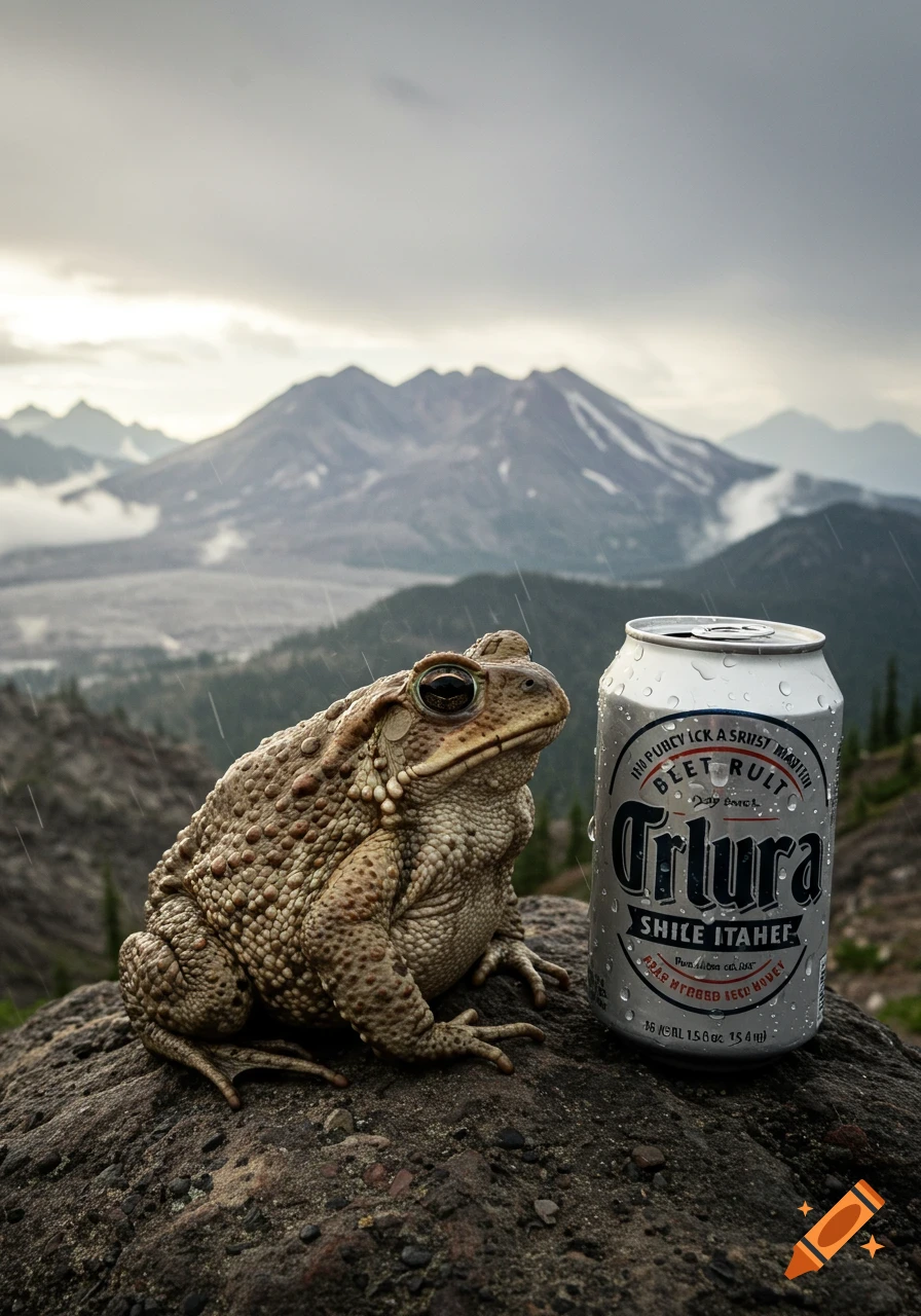 A toad sits next to a wet beer can on a rock with Mount St. Helens in the rainy background.