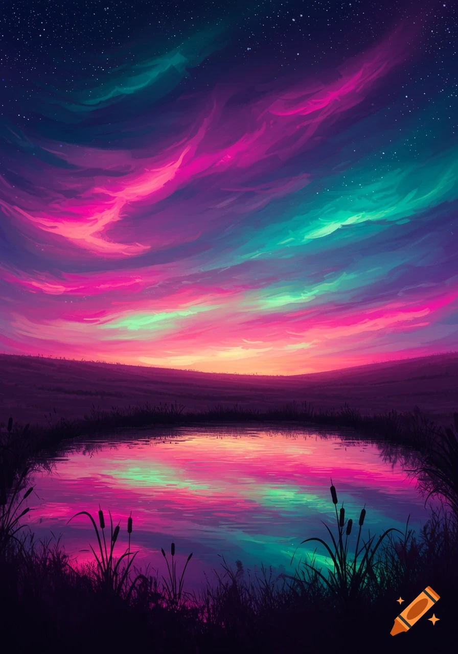A vibrant, colorful night landscape with a still pond reflecting a magenta and teal sky over dark hills.