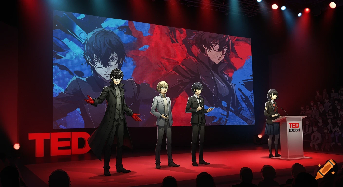 Anime characters from Persona series on a red stage with a large screen displaying character art, giving a TED talk.