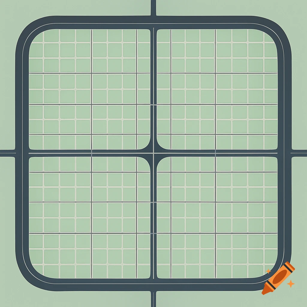 A clean, 2D bird's-eye view of a square city grid with pastel green blocks, dark charcoal freeways, and gray roads, featuring rounded corners and precise alignment.