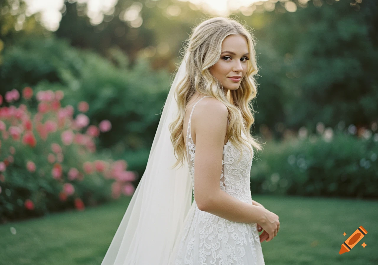 Blonde woman in a white wedding dress and veil looks over her shoulder in a green garden.