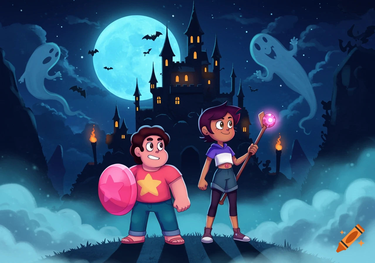 Steven Universe and Luz Noceda stand before a haunted castle under a blue full moon, with ghosts and bats in a spooky cartoon style.