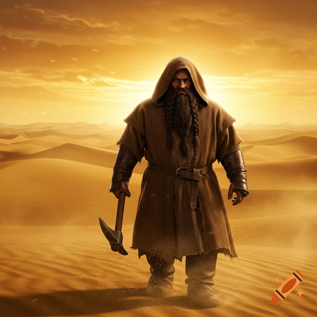 A photorealistic image of a bearded dwarf in a hooded brown robe, holding a pickaxe, standing in a vast desert under a golden sky.
