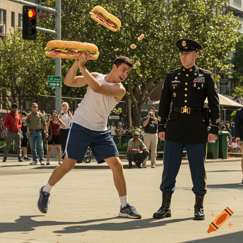 A man in athletic wear swings a large sandwich at a stoic soldier on a city street, with pieces of bread flying.