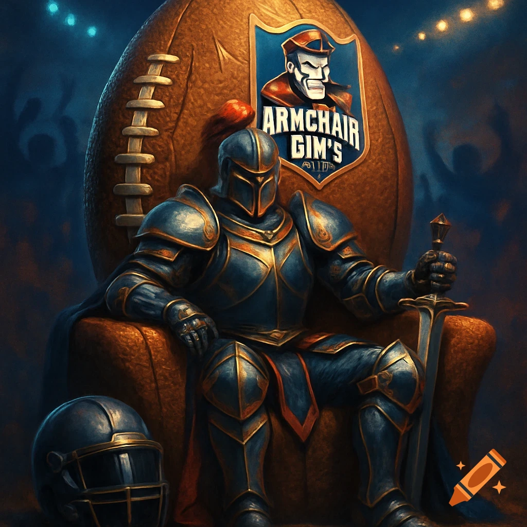 A knight in blue and gold armor sits on a throne made of a giant football, holding a sword. A logo with "ARMCHAIR GIM'S" is on the football.