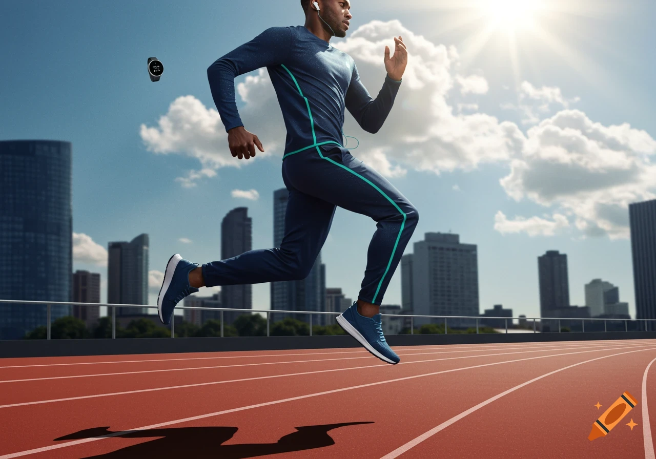 A man in athletic wear runs on a track with a city skyline in the background, with a floating smartwatch nearby.