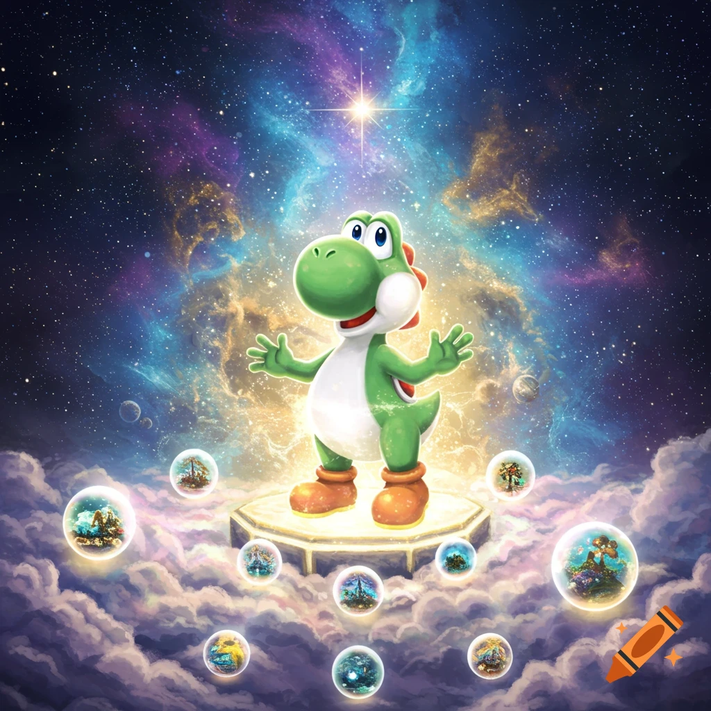 Yoshi stands on a pedestal in a vibrant nebula, surrounded by small glowing bubble worlds, under a bright star.