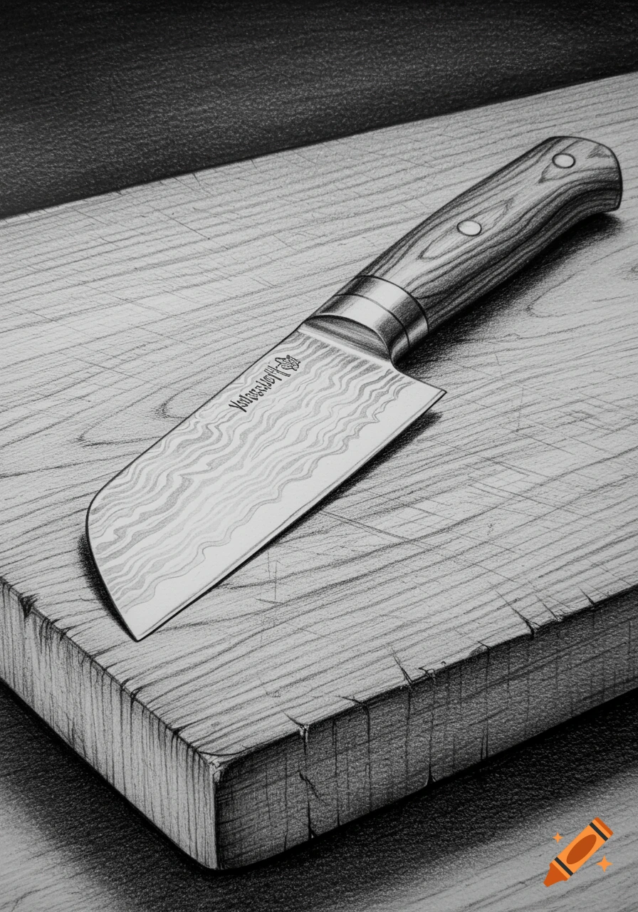 A detailed pencil sketch of a chef's knife with a patterned blade and wooden handle, resting on a wooden cutting board.