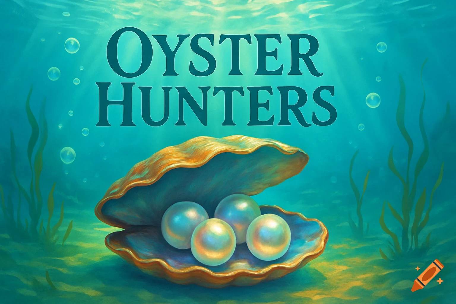 An underwater scene features a large, open oyster shell resting on the seabed, revealing four luminous pearls inside. The words "OYSTER HUNTERS" are prominently displayed above the oyster, with light rays filtering through the turquoise water and scattered bubbles.
