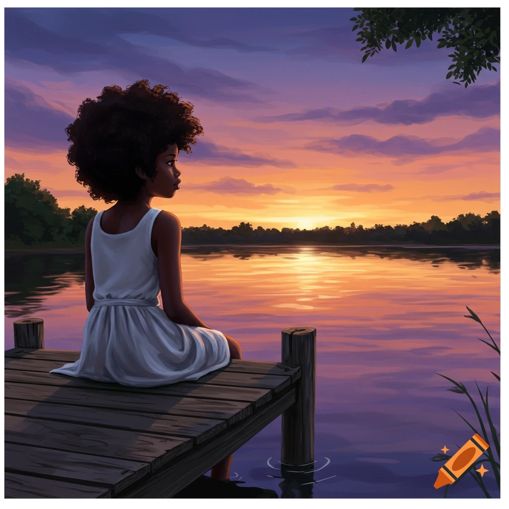 A Black girl with curly hair sits on a wooden dock, gazing at a vibrant sunset over a lake, illustrated in a serene style.