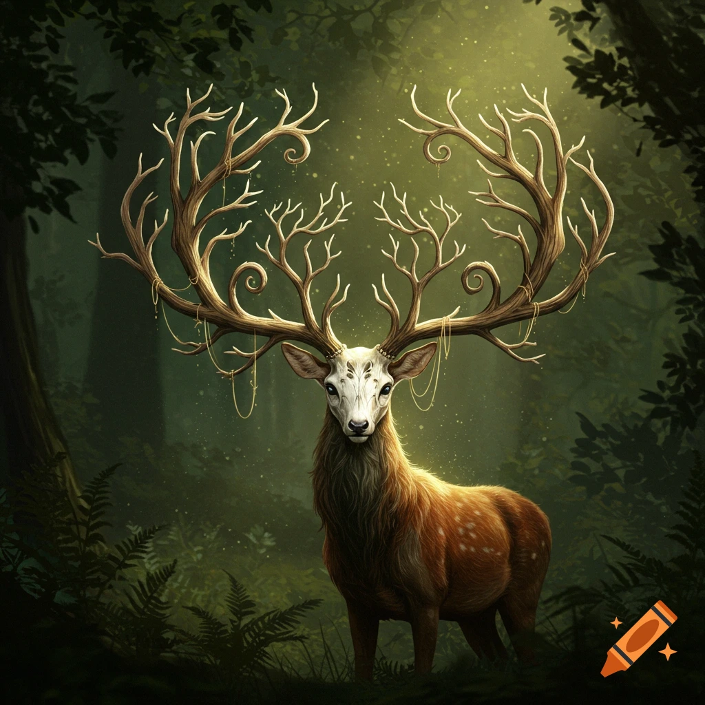 A majestic deer with sprawling, tree-like antlers stands in a sunlit, mystical forest, digital art.