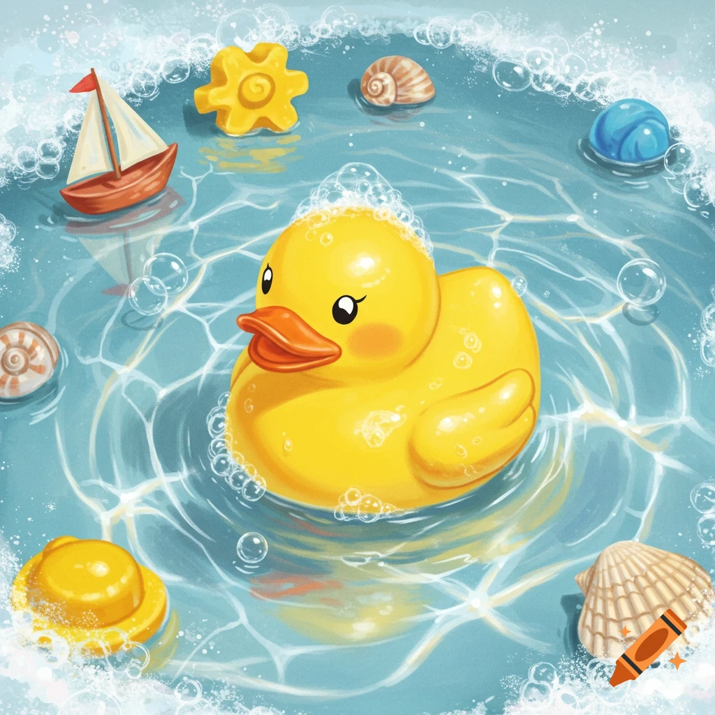 A smiling yellow rubber duck floating in clear blue water surrounded by bubbles, seashells, a boat, and other bath toys in an illustration style.