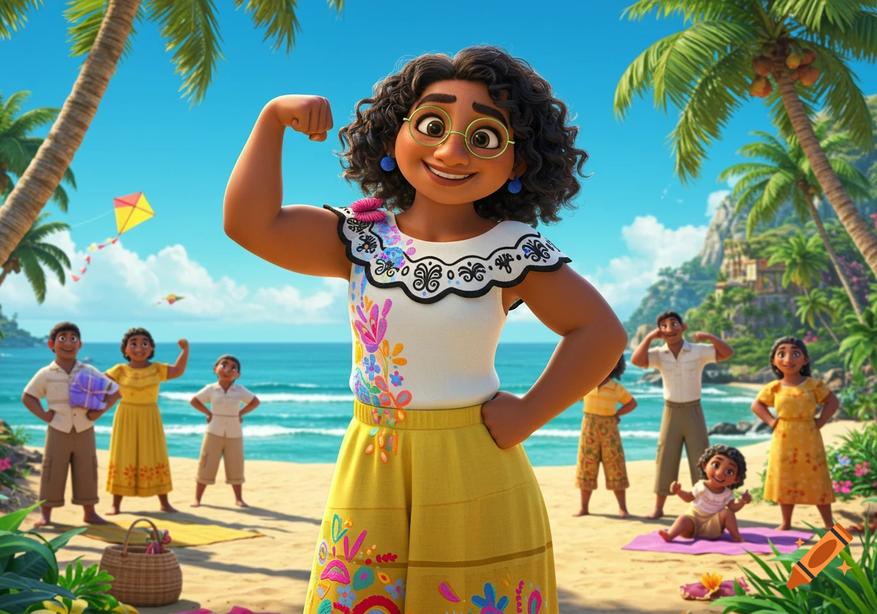 Mirabel from Encanto flexes her arm proudly on a sunny beach, surrounded by her family in a 3D cartoon style.