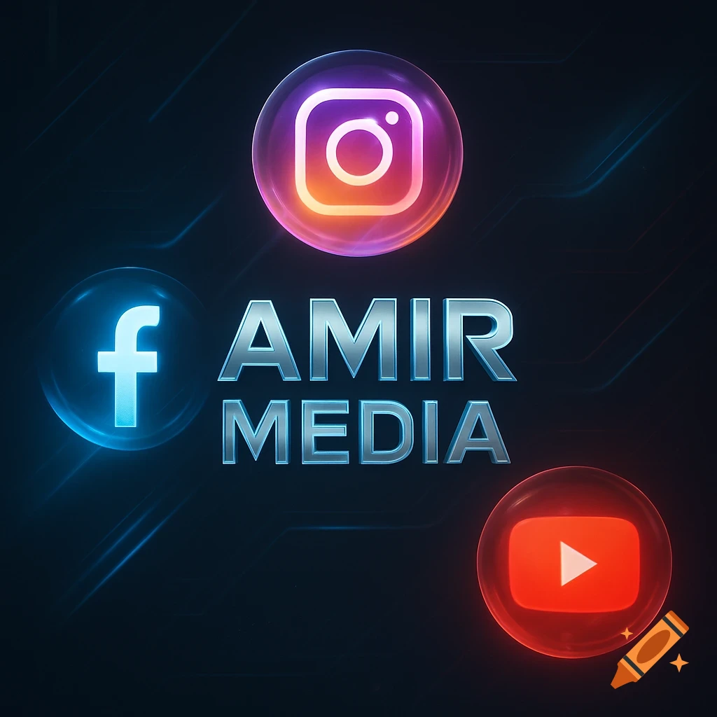 A dark profile picture with glowing Facebook, Instagram, and YouTube logos and the metallic text 'AMIR MEDIA'.