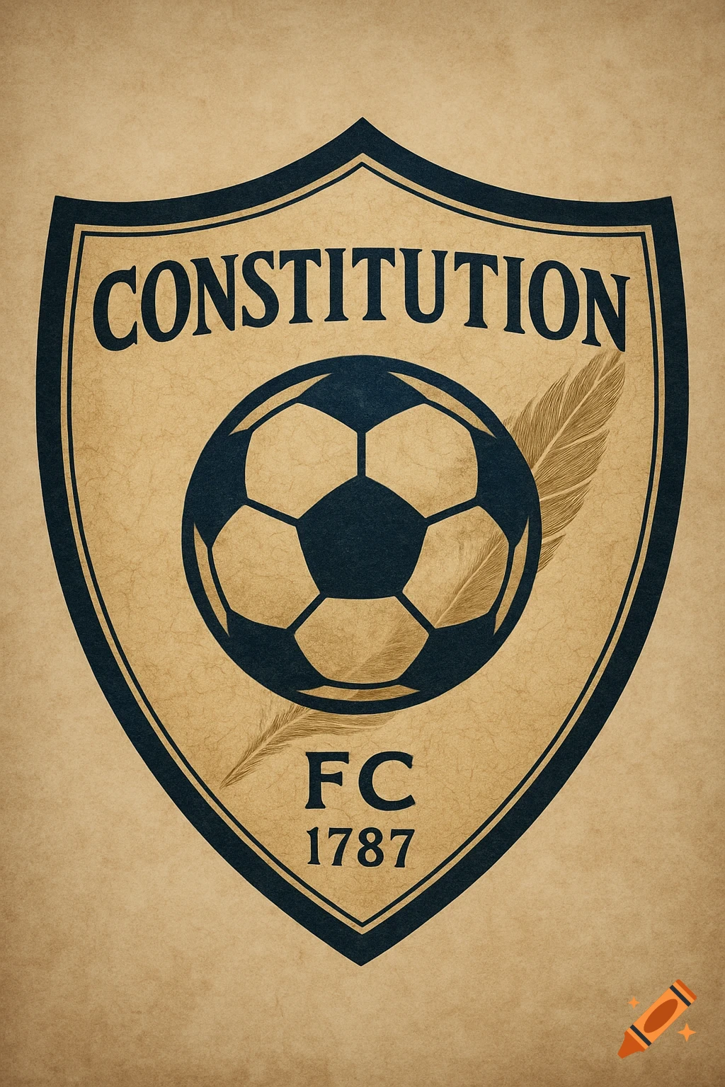 A shield-shaped "Constitution FC" soccer club badge with a parchment texture, featuring a soccer ball and quill.
