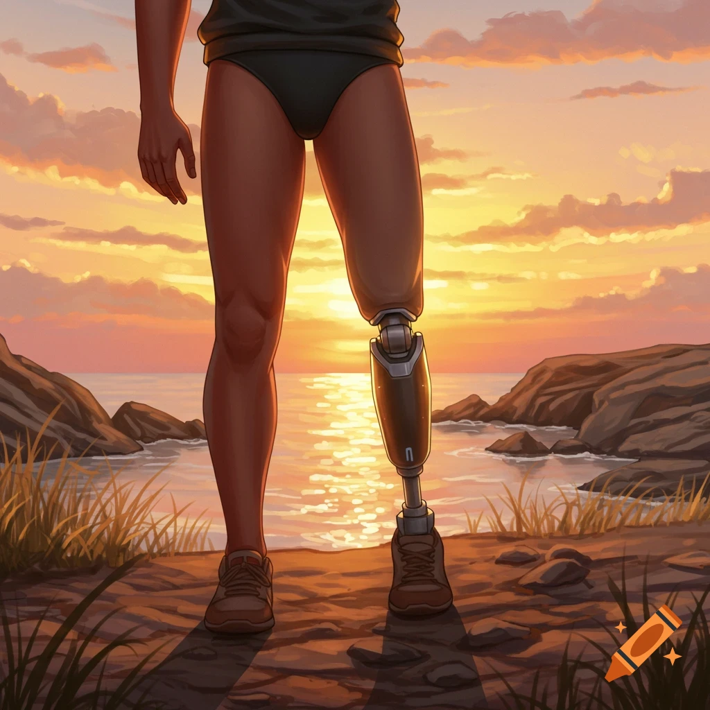 An illustration of a person with a prosthetic leg standing on a rocky beach at sunset.