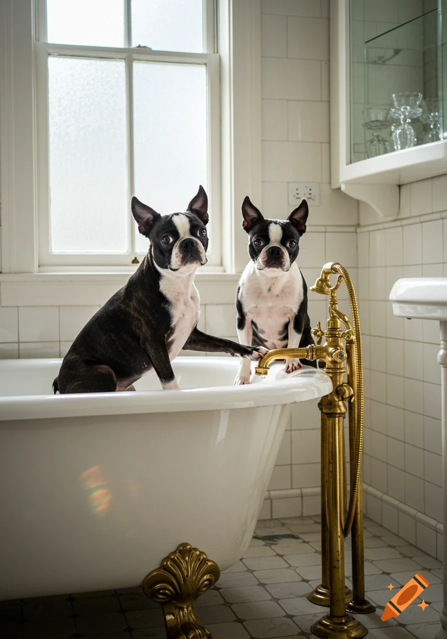Two Boston terriers sit in a white clawfoot bathtub with a brass faucet in a brightly lit bathroom.