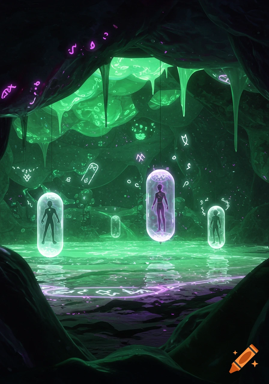 A bioluminescent alien cave with green and purple glowing slime, floating magical runes, and silhouettes of trapped figures in energy cocoons above a reflective pool.