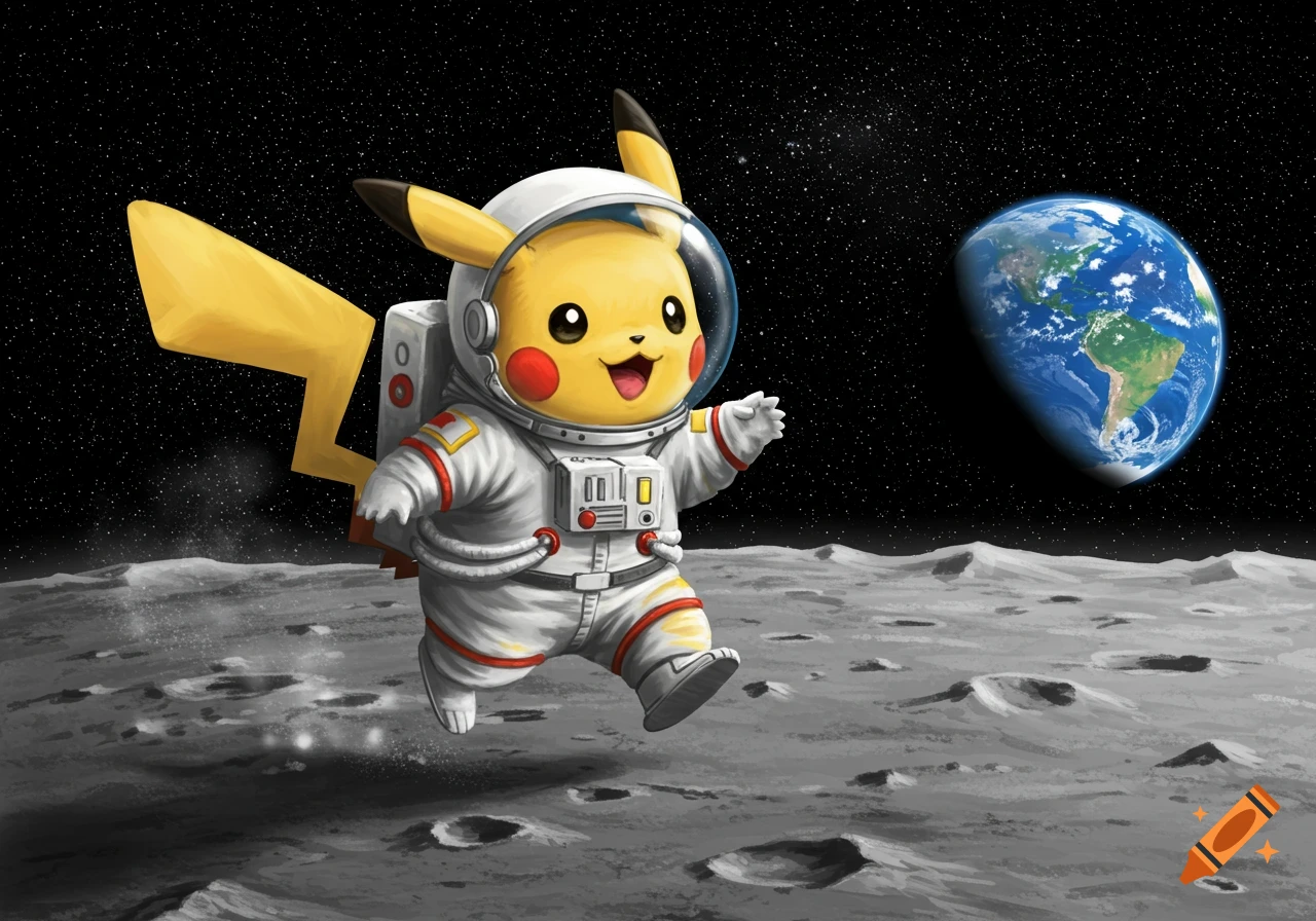 Pikachu in a white astronaut suit walks on the gray moon surface under a starry sky, with Earth visible in the background.