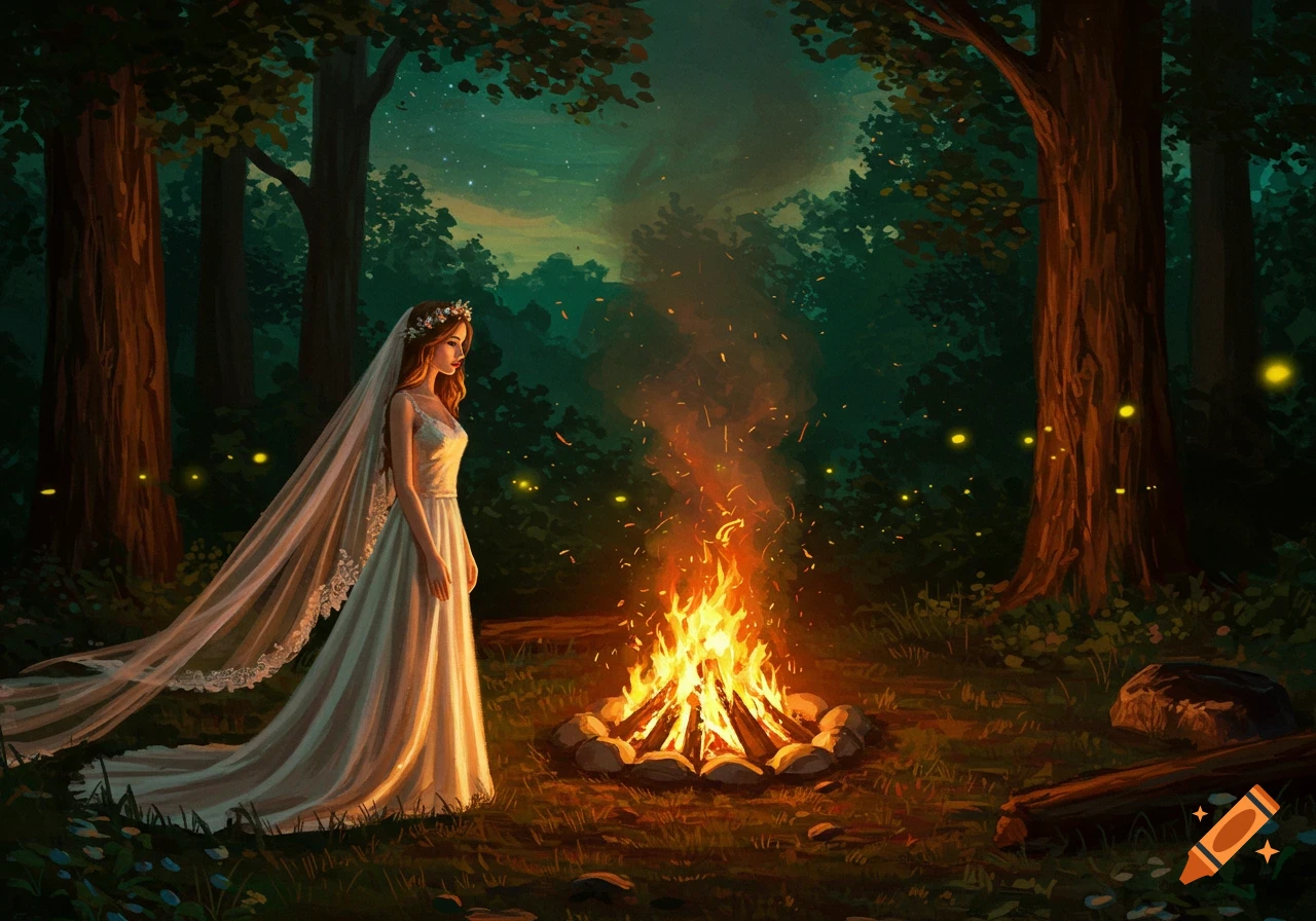 A bride in a long white dress and veil stands beside a crackling campfire in a dark, magical forest with glowing fireflies.