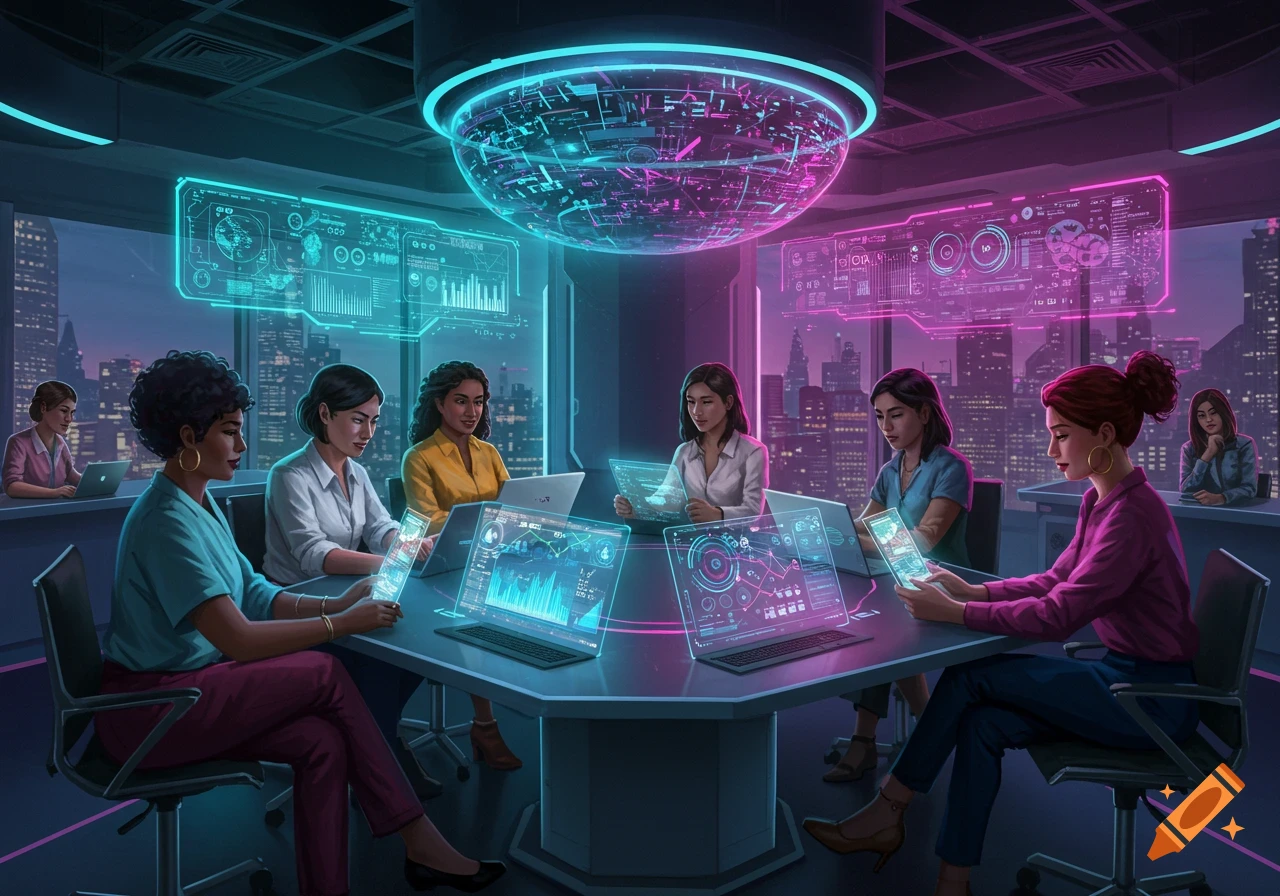 Women in a neon-lit futuristic meeting room with holographic screens displaying data and city views.