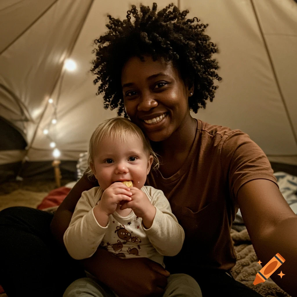 A smiling African woman holds a blonde baby eating food, inside a tent lit by string lights at night.