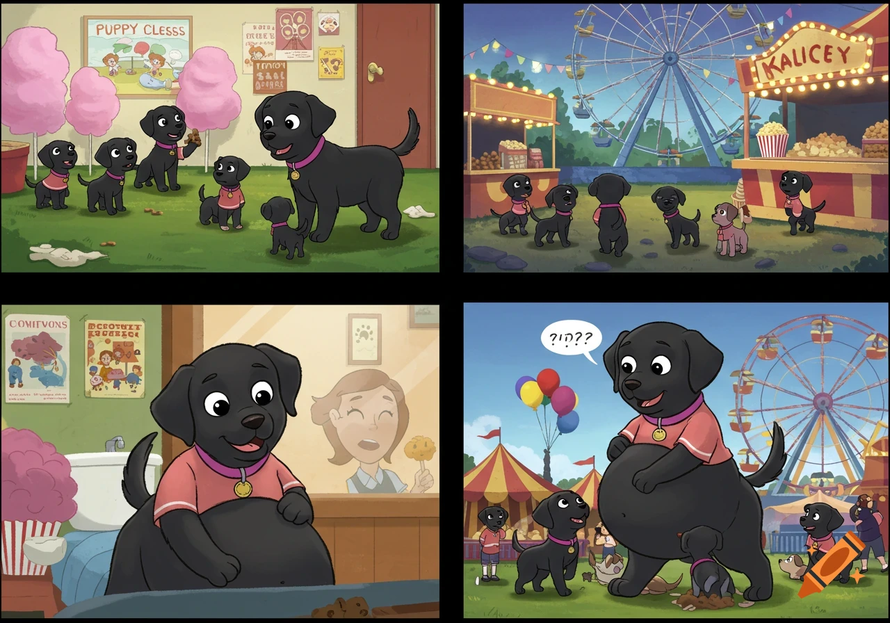 A four-panel cartoon of a black Labrador dog named Kalicey. Scenes include Kalicey with puppies at a puppy class, at a carnival, and with a round belly.