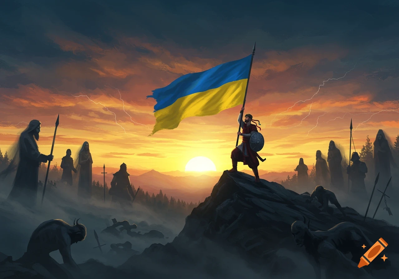 A warrior holding the Ukrainian flag stands atop a mountain at sunset, surrounded by ghostly figures and defeated creatures.